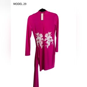 Elegant Pink Long Sleeve Dress with Floral Embroidery